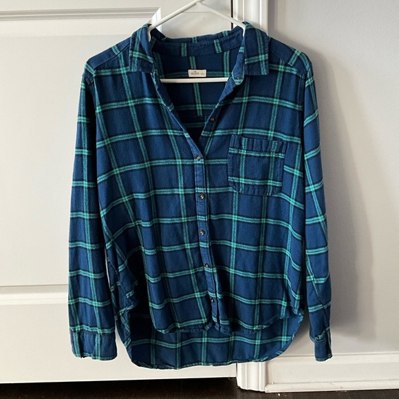 Hollister Tops - TEAL AND NAVY PLAID FLANNEL SHIRT